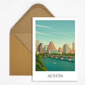 Cartolina di Austin, USA con illustrazione dello skyline di Austin sul fiume Colorado, cartolina ideale come regalo o decorazione per la casa