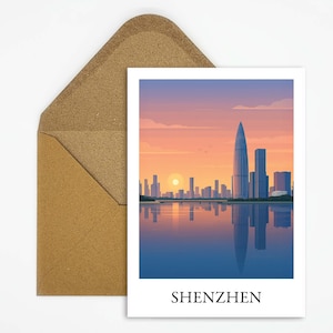 Cartolina di Shenzhen, Cina con illustrazione dello skyline, moderna cartolina di viaggio per esploratori della città e appassionati della Cina come regalo o decorazione