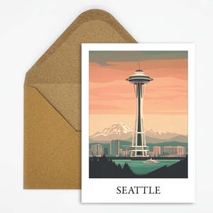 Postal de viaje de Seattle, EE. UU. con una hermosa ilustración de Space Needle, ideal como recuerdo de viaje o regalo para viajeros y coleccionistas de mapas