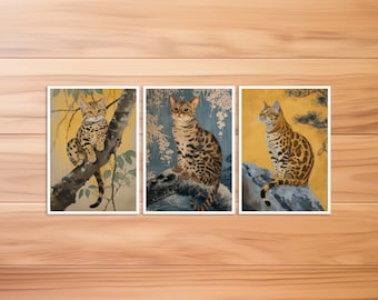 Cat postcard, Bengal cat, cat card, birthday card, art postcard, cat Hokusai style, gift card, vintage cat card