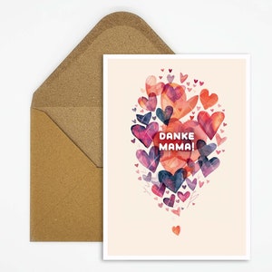Carte de fête des mères avec illustration de coeurs, carte avec dicton, carte postale merci maman, carte d'anniversaire, carte de félicitations, cadeau pour maman