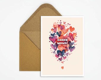 Mother's Day card with hearts illustration, card with saying, postcard thank you mom, birthday card, congratulations card, gift for mom