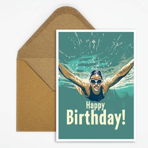 Schwimmen Geburtstagskarte , Happy Birthday Schwimmen Geburtstagskarte, Geschenk Karte, Postkarte Sport, Karte Happy Birthday, Kinder, Sport