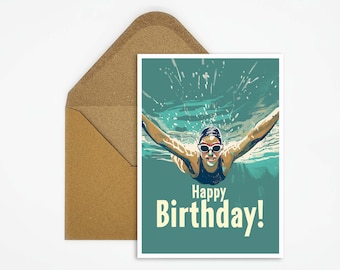 Zwemmen verjaardagskaart, gelukkige verjaardag zwemmen verjaardagskaart, cadeaubon, ansichtkaart sport, kaart gelukkige verjaardag, kinderen, sport