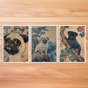 Cartão postal de cachorro, cartão postal de animal, cachorro Pug no estilo Hokusai, estilo japonês, aniversário, cartão postal artístico, conjunto de cartões postais