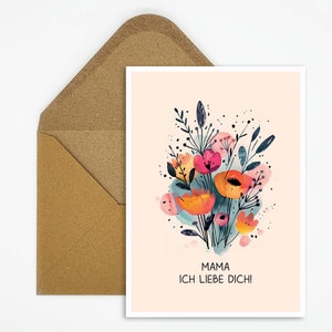 Cartolina con mazzo di fiori, illustrazione per la mamma, cartolina con la scritta "Mamma ti amo", cartolina come regalo per la festa della mamma, cartolina per la nonna