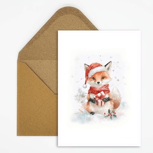 Kerstwenskaart, ansichtkaart - schattige vos met cadeau in aquarel, perfect voor feestelijke kerstgroeten en winterdecoratie