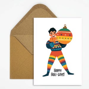 Tarjeta de Navidad LGBTQ "Happy Holi-gays" con traje de arcoíris y baile festivo, tarjeta de felicitación queer para las fiestas como regalo o decoración