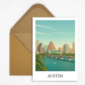 Carte postale d'Austin USA avec illustration de la skyline d'Austin sur le fleuve Colorado, carte Idéal comme cadeau ou décoration pour la maison