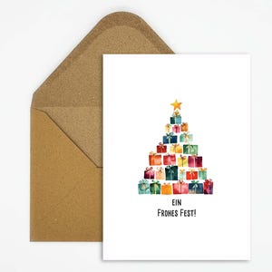 Weihnachtskarte Geschenkebaum - Fröhliche Weihnachtsgrüße mit kreativem Geschenkbaum-Design und "Frohes Fest"-Spruch zum Verschenken