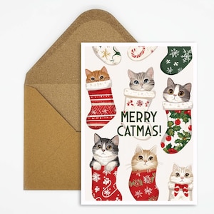 Buon Catmas! Divertente biglietto di Natale con gatti con cappelli di Babbo Natale, biglietto per gli amanti degli animali come regalo o decorazione