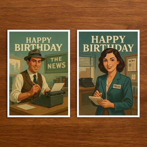 Cartão de feliz aniversário para jornalista, cartão de aniversário exclusivo com ilustração de profissão vintage e retrô para presentear