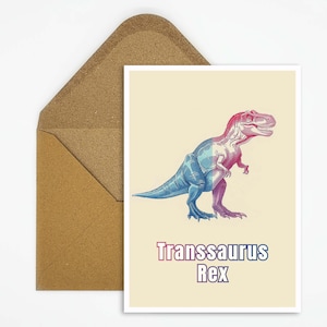 Carte postale LGBTQ, carte de fierté LGBTQ avec slogan, carte de fierté pour la communauté LGBTQ, carte transsexuelle avec illustration de dinosaure