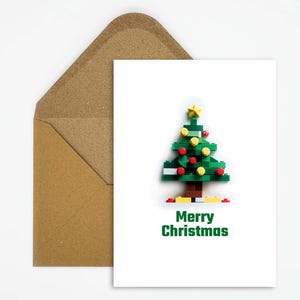 Kerstkaart bouwsteen kerstboom, creatieve kerstboom gemaakt van bouwstenen, ideale wenskaart voor vrienden en familie met Kerstmis