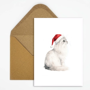 Kerstkaart met kattenmotief, Perzische kat met kerstmuts, ansichtkaart voor kattenliefhebbers voor dierenkerstgroeten of als decoratie
