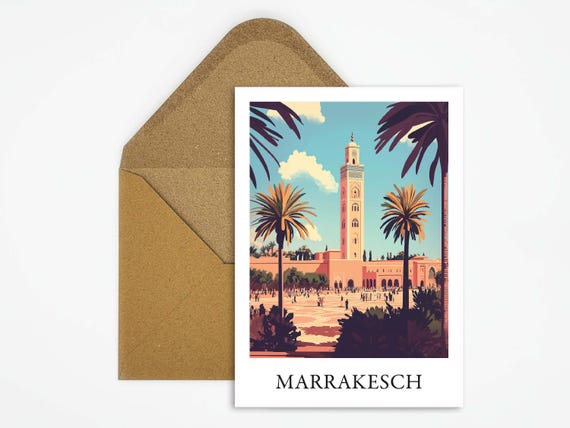 Marrakesch, Marokko Reise Postkarte mit schöner Illustration ideal als Reiseerinnerung oder Geschenk für Reisende und Kartensammler