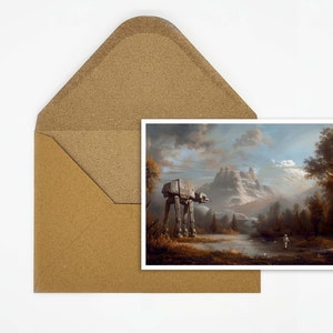 postal galáctica de la aventura | postal única de la ciencia ficción | Regalo perfecto para fans | Robots en mapa paisajístico.