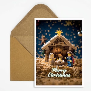 Bouwstenen kerststal Kerstkaart, traditionele kerststal gemaakt van bouwstenen, perfecte kaart voor feestelijke kerstgroeten of als decoratie