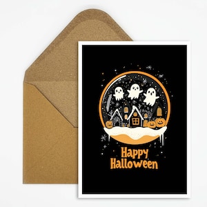 Happy Halloween postcard with cute ghosts and pumpkins in a glass ball – perfect for greeting cards or Halloween decoration
