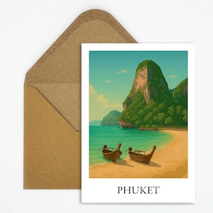 Carte postale de voyage de Phuket en Thaïlande avec plage tropicale et temple, carte de vacances pour les voyages en Asie et un point culminant dans chaque collection de voyage