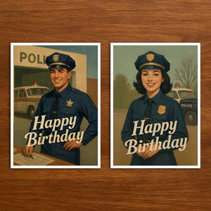 Biglietto di auguri di buon compleanno per agente di polizia, cartolina retrò con illustrazione d'epoca, biglietto di auguri di compleanno originale per la professione come regalo