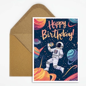 Biglietto di auguri di buon compleanno, biglietto di auguri per bambini, astronauta, regalo, biglietto di auguri per astronauti, pianeti, compleanno per ragazzi e ragazze