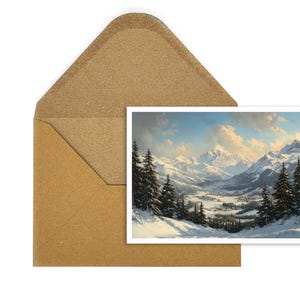 Kerstkaart in vintage stijl met besneeuwd bergdalmotief, ideaal voor feestelijke groeten en sfeervolle winterdecoratie