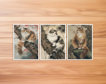 Cat Postcard, Cat Card, Siberian Cat, Birthday Card, Art Postcard, Cat Hokusai Style, Vintage Cat Card, Gift Card