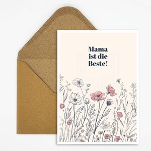Karte mit Spruch Mama ist die Beste, Blumen Zeichnung Illustration, Postkarte zum Muttertag, Geburtstagskarte, Glückwünsche, Geschenk