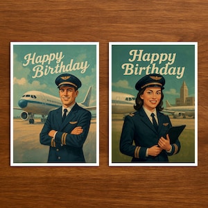 Carte postale vintage pilote, carte Joyeux anniversaire au look rétro, cadeau unique pour les pilotes en deux versions