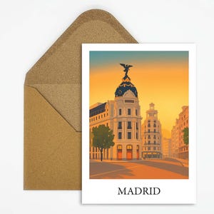 Madrid Spanje ansichtkaart met Gran Vía illustratie, stijlvolle reiskaart met stadse flair, perfect als cadeau voor stadsreizigers of als decoratie