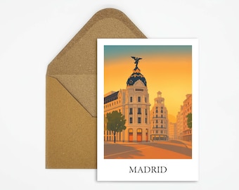 Madrid Spanje ansichtkaart met Gran Vía illustratie, stijlvolle reiskaart met stadse flair, perfect als cadeau voor stadsreizigers of als decoratie