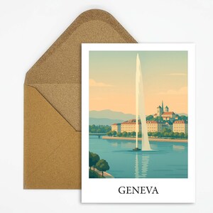 Carte postale de Genève en Suisse avec illustration du lac Léman, carte de voyage élégante pour les amateurs de voyages comme cadeau ou décoration pour la maison