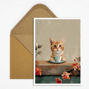 Cartolina con gatto europeo a pelo corto che si gode un caffè, arte di gatto elegante in stile retrò, regalo perfetto per gli amanti dei gatti e del caffè