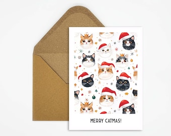 Merry Catmas! Funny Christmas card with cats in Christmas hats, postcard for cat lovers for animal Christmas greetings as decoration