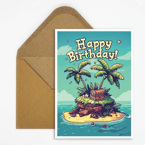 Carte d'anniversaire pour enfants Pirates, carte d'anniversaire joyeux anniversaire, île des pirates, carte au trésor, pixel art, carte d'anniversaire garçons, filles