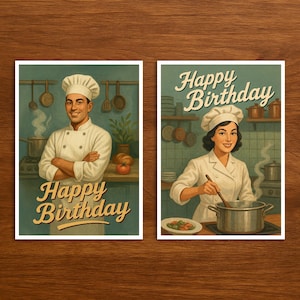 Carte d'anniversaire avec le titre Joyeux Anniversaire pour chef cuisinier professionnel, carte postale rétro avec illustration vintage, idée cadeau pour hommes, femmes