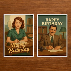 Auteur professionnel de cartes d'anniversaire, illustration rétro dans le style des années 50, profession de carte d'anniversaire pour hommes et femmes