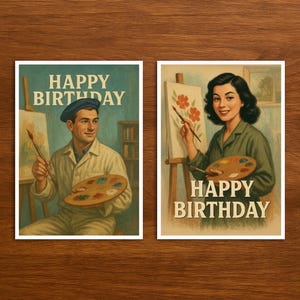 Biglietto di auguri di buon compleanno per artista, cartolina retrò con illustrazione vintage, biglietto di auguri di compleanno originale per professione come regalo