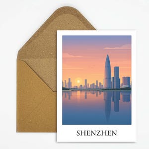 Carte postale de Shenzhen Chine avec illustration de l'horizon, carte de voyage moderne pour les explorateurs de la ville et les fans de Chine comme cadeau ou décoration