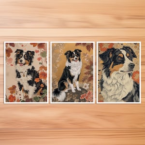 Hunde Postkarte, Tier Postkarte, Australian Shepherd Hund im Hokusai Stil, Japanischer Stil, Geburtstag, Kunstpostkarte, Postkarten Set