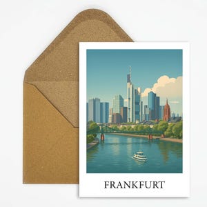Carte postale de voyage de Francfort en Allemagne avec motif skyline, plan de ville élégant pour les voyageurs en ville et idée cadeau parfaite avec une touche urbaine