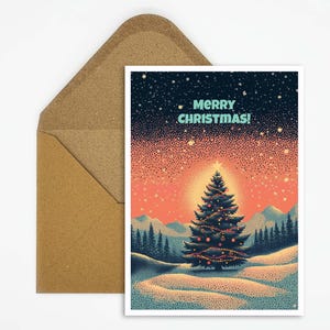 Cartolina di Natale con albero di Natale verde e fiocchi di neve su sfondo rosso, cartolina con la scritta "Buon Natale" come regalo o decorazione