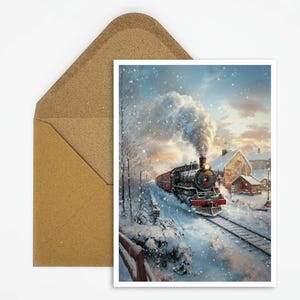 Kerstkaart, kerstlocomotief in het besneeuwde dorp, perfect voor feestelijke kerstgroeten en kerstversieringen