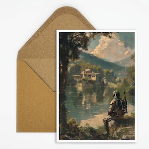 postal galáctica de la aventura | postal única de la ciencia ficción | Regalo perfecto para fans | Cazarrecompensas en mapa paisajístico