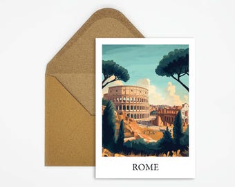 Postal de viaje de Roma, Italia, con una hermosa ilustración del Coliseo, ideal como recuerdo de viaje o regalo para viajeros y coleccionistas de mapas.