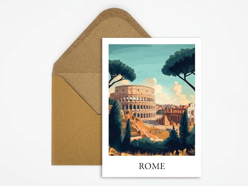 Carte postale de voyage de Rome, Italie avec une belle illustration du Colisée, idéale comme souvenir de voyage ou cadeau pour les voyageurs et les collectionneurs de cartes image 1