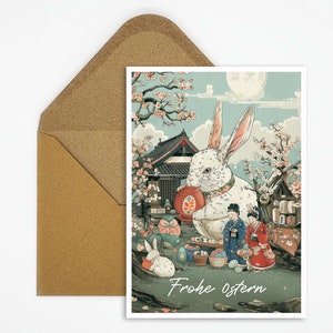 Cartolina di Pasqua, cartolina di Buona Pasqua, illustrazione del coniglietto di Pasqua, stampa di carte, carta stampata, regalo, design giapponese, cartolina Ukiyo-e