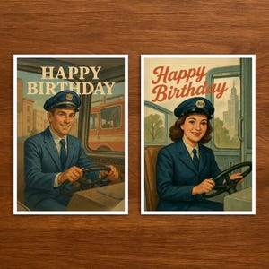 Cartão de feliz aniversário para motorista de ônibus, cartão de aniversário exclusivo com ilustração de profissão vintage e retrô para presentear