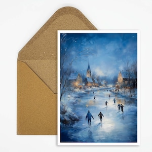 Kerstkaart met schaatsen in het besneeuwde dorp schilderij, ideaal voor nostalgische kerstgroeten of als decoratie